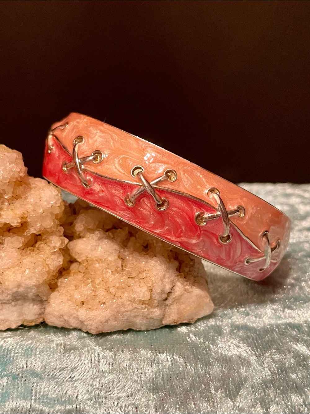Coral Pink Enamel Lace-Up Bangle Bracelet